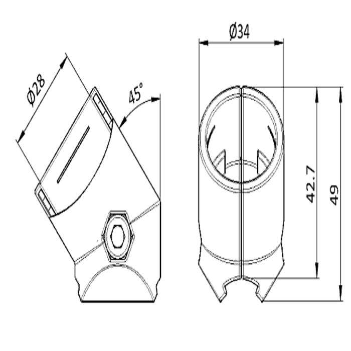 45° connector for circular tube 28mm